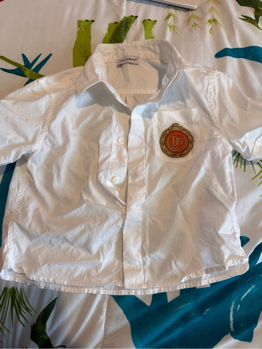 Dolce & Gabbana White Kids Short-Sleeve Button Shirt with Red Crest Patch